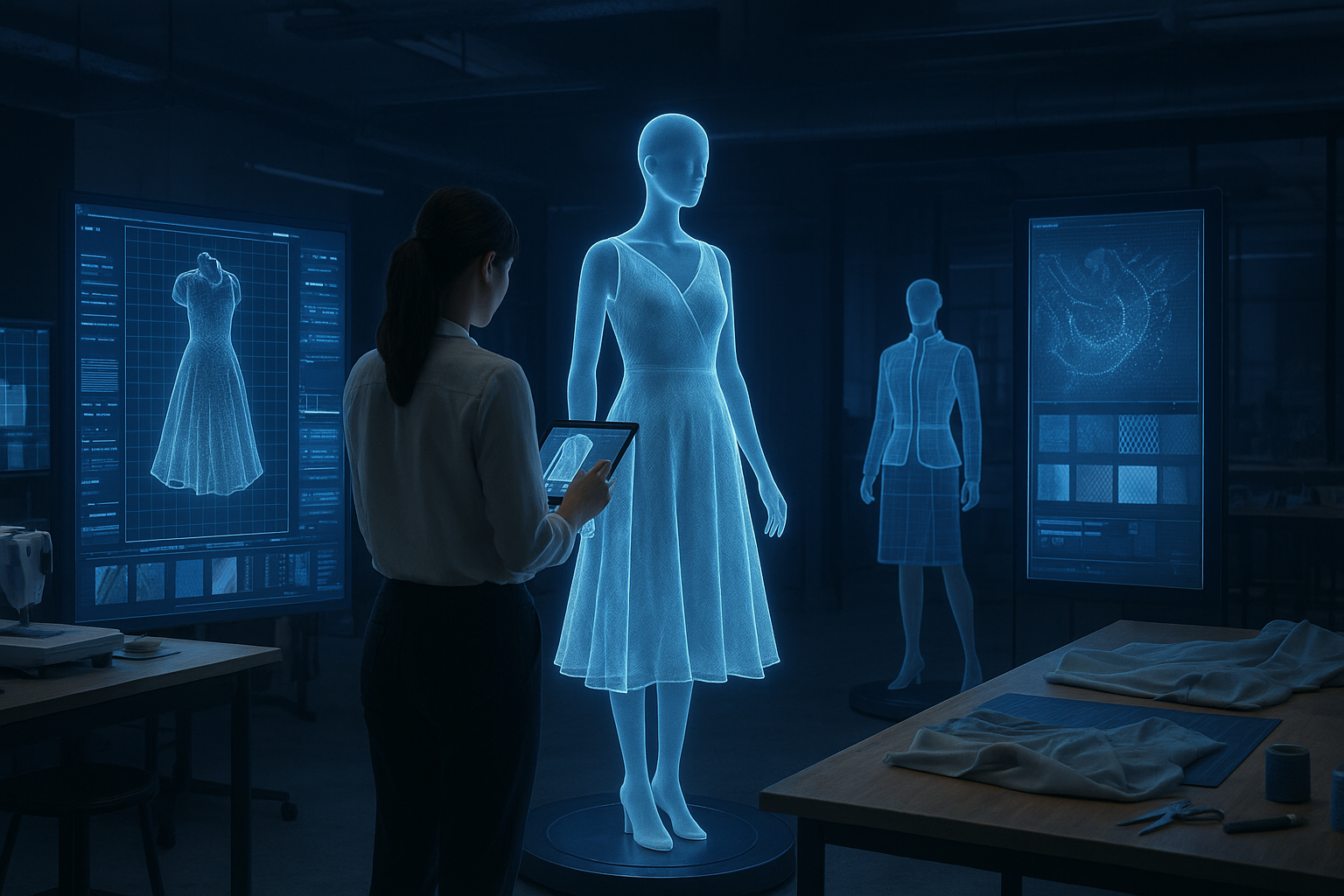 AI-assisted fashion design studio with digital mannequins and holographic fabrics